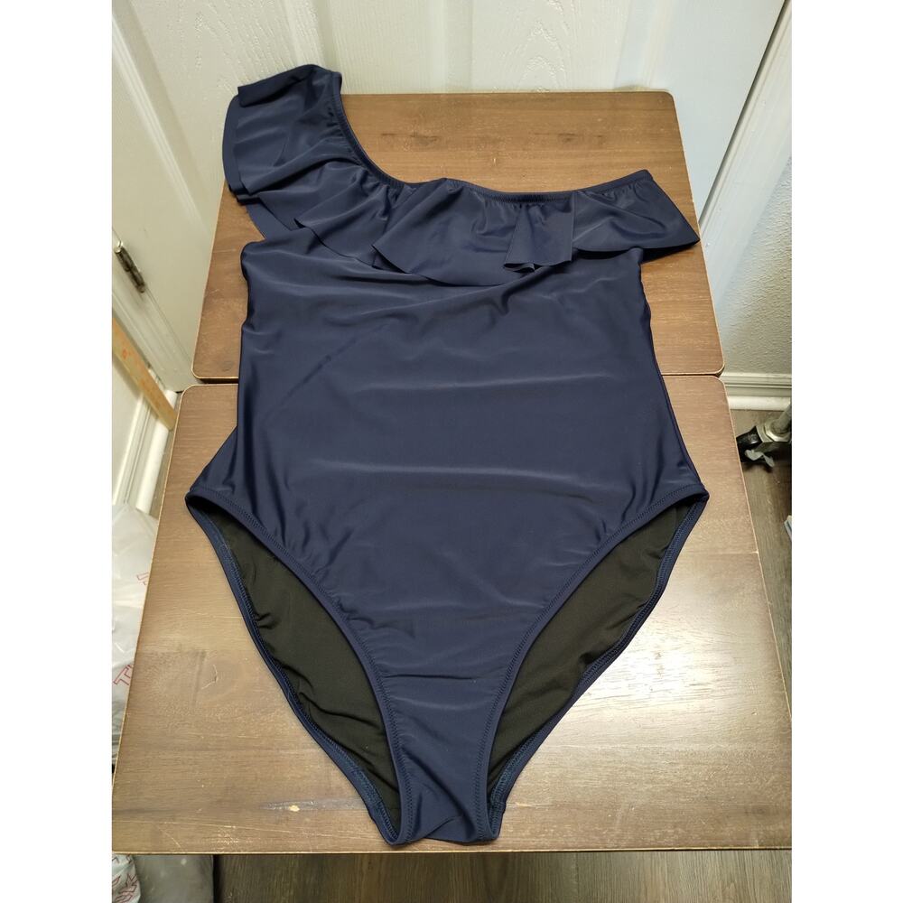 J. Crew Womens Size XL Navy Blue One-Shoulder Ruffle Neck One-Piece Bathing Suit - Picture 2 of 9